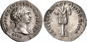 Trajan, 98-117. Denarius (Silver, 19 mm, 3.13 g, 7 h), Rome, circa 107. IMP TRAIANO AVG GER DAC P M TR P Laureate head of Trajan to right, with slight...