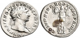 Trajan, 98-117. Denarius (Silver, 20 mm, 3.61 g, 7 h), Rome, circa 107. IMP TRAIANO AVG GER DAC P M TR P Laureate head of Trajan to right, with slight...