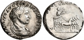Trajan, 98-117. Denarius (Subaeratus, 18 mm, 3.39 g, 6 h), irregular mint, imitating Rome, after 107-108. IMP TRAIANO AVG GER DAC P M TR P Laureate, d...