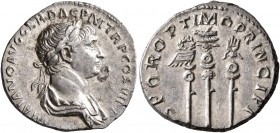 Trajan, 98-117. Denarius (Silver, 18 mm, 3.21 g, 7 h), Rome, 113-114. IMP TRAIANO AVG GER DAC P M TR P COS VI P P Laureate and draped bust of Trajan t...