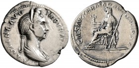 Plotina, Augusta, 105-123. Denarius (Silver, 19 mm, 2.57 g, 6 h), Rome, 112-114. PLOTINA AVG IMP TRAIANI Draped bust of Plotina to right, wearing step...