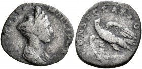 Diva Marciana, died 112/4. Denarius (Billon, 19 mm, 2.34 g, 7 h), a contemporary 'limes denarius', irregular mint. DIVA AVGVSTA MARCIA[...] Diademed a...