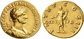 Hadrian, 117-138. Aureus (Gold, 18 mm, 6.35 g, 7 h), Rome, 119-122. IMP CAESAR TRAIAN HADRIANVS AVG Laureate, draped and cuirassed bust of Hadrian to ...