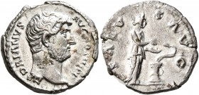 Hadrian, 117-138. Denarius (Silver, 18 mm, 3.25 g, 5 h), Rome, 134-138. HADRIANVS AVG COS III P P Bare head of Hadrian to right. Rev. SALVS AVG Salus ...