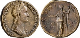 Sabina, Augusta, 128-136/7. Sestertius (Orichalcum, 30 mm, 26.68 g, 6 h), Rome. SABINA AVGVSTA HADRIANI AVG P P Diademed and draped bust of Sabina to ...