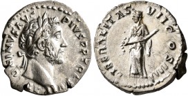 Antoninus Pius, 138-161. Denarius (Silver, 18 mm, 3.23 g, 1 h), Rome, 153-154. ANTONINVS AVG PIVS P P TR P XVII Laureate head of Antoninus Pius to rig...