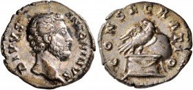 Divus Antoninus Pius, died 161. Denarius (Silver, 18 mm, 3.69 g, 6 h), Rome. DIVVS ANTONINVS Bare head of Divus Antoninus Pius to right. Rev. CONSECRA...