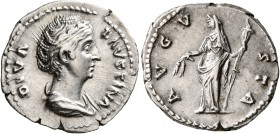 Diva Faustina Senior, died 140/1. Denarius (Silver, 19 mm, 3.44 g, 6 h), Rome. DIVA FAVSTINA Diademed and draped bust of Diva Faustina to right. Rev. ...