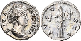 Diva Faustina Senior, died 140/1. Denarius (Silver, 17 mm, 3.19 g, 12 h), Rome. DIVA FAVSTINA Draped bust of Diva Faustina to right. Rev. AVGVSTA Vest...