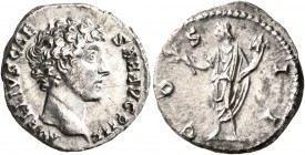 Marcus Aurelius, as Caesar, 139-161. Denarius (Silver, 17 mm, 3.31 g, 1 h), Rome, Circa 145-147. AVRELIVS CAESAR AVG PII F Bare head of Marcus Aureliu...