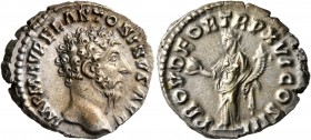 Marcus Aurelius, 161-180. Denarius (Silver, 18 mm, 3.24 g, 12 h), Rome, 161-162. IMP M AVREL ANTONINVS AVG Bare head of Marcus Aurelius to right. Rev....