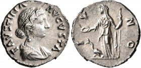 Faustina Junior, Augusta, 147-175. Denarius (Silver, 17 mm, 2.97 g, 12 h), Rome. FAVSTINA AVGVSTA Draped bust of Faustina Junior to right. Rev. IVNO J...