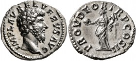 Lucius Verus, 161-169. Denarius (Silver, 18 mm, 3.18 g, 6 h), Rome, 161. IMP L AVREL VERVS AVG Bare head of Lucius Verus to right. Rev. PROV DEOR TR P...