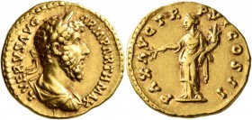 Lucius Verus, 161-169. Aureus (Gold, 20 mm, 7.19 g, 6 h), Rome, 166. L VERVS AVG ARM PARTH MAX Laureate, draped and cuirassed bust of Lucius Verus to ...