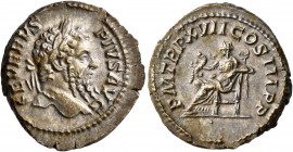 Septimius Severus, 193-211. Denarius (Silver, 20 mm, 3.67 g, 6 h), Rome, 209. SEVERVS PIVS AVG Laureate head of Septimius Severus to right. Rev. P M T...