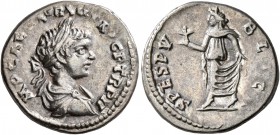 Caracalla, 198-217. Denarius (Silver, 18 mm, 3.24 g, 11 h), Laodicea, 199. IMP CAE M AVR ANT AVG P TR P II Laureate and draped bust of Caracalla to ri...