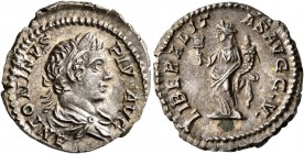 Caracalla, 198-217. Denarius (Silver, 19 mm, 3.21 g, 6 h), Rome, 201-206. ANTONINVS PIVS AVG Laureate and draped bust of Caracalla to right, seen from...