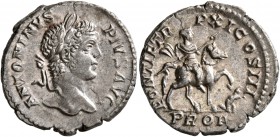 Caracalla, 198-217. Denarius (Silver, 19 mm, 3.37 g, 1 h), Rome, 208. ANTONINVS PIVS AVG Laureate head of Caracalla to right. Rev. PONTIF TR P XI COS ...