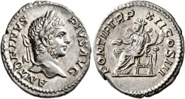 Caracalla, 198-217. Denarius (Silver, 18 mm, 3.47 g, 7 h), Rome, 209. ANTONINVS PIVS AVG Laureate head of Caracalla to right. Rev. PONTIF TR P XII COS...
