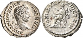 Caracalla, 198-217. Denarius (Silver, 18 mm, 3.61 g, 12 h), Rome, 210. ANTONINVS PIVS AVG BRIT Laureate head of Caracalla to right. Rev. PONTIF TR P X...