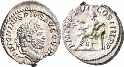 Caracalla, 198-217. Denarius (Silver, 20 mm, 3.20 g, 7 h), Rome, 214. ANTONINVS PIVS AVG GERM Laureate head of Caracalla to right. Rev. P M TR P XVII ...