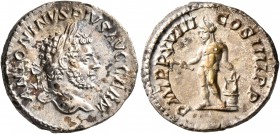 Caracalla, 198-217. Denarius (Silver, 18 mm, 3.26 g, 6 h), Rome, 215. ANTONINVS PIVS AVG GERM Laureate head of Caracalla to right. Rev. P M TR P XVIII...