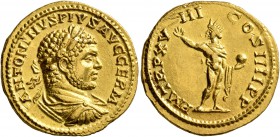 Caracalla, 198-217. Aureus (Gold, 20 mm, 6.43 g, 6 h), Rome, 215. ANTONINVS PIVS AVG GERM Laureate, draped and cuirassed bust of Caracalla to right, s...