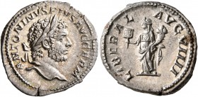 Caracalla, 198-217. Denarius (Silver, 19 mm, 3.89 g, 1 h), Rome, 215. ANTONINVS PIVS AVG GERM Laureate head of Caracalla to right. Rev. LIBERAL AVG VI...