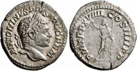 Caracalla, 198-217. Denarius (Silver, 19 mm, 3.04 g, 7 h), Rome, 216. ANTONINVS PIVS AVG GERM Laureate head of Caracalla to right. Rev. P M TR P XVIII...