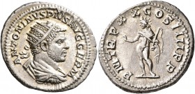 Caracalla, 198-217. Antoninianus (Silver, 24 mm, 5.23 g, 1 h), Rome, 217. ANTONINVS PIVS AVG GERM Radiate, draped and cuirassed bust of Caracalla to r...