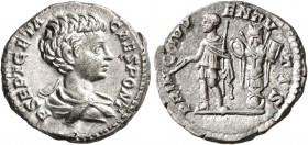 Geta, as Caesar, 198-209. Denarius (Silver, 18 mm, 3.42 g, 1 h), Rome, 200-202. P SEPT GETA CAES PONT Bare-headed and draped bust of Geta to right, se...
