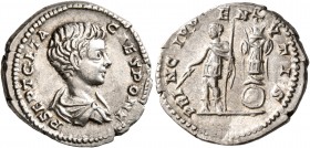 Geta, as Caesar, 198-209. Denarius (Silver, 18 mm, 3.46 g, 6 h), Rome, 200-202. P SEPT GETA CAES PONT Bare-headed and draped bust of Geta to right, se...