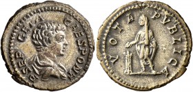 Geta, as Caesar, 198-209. Denarius (Silver, 19 mm, 3.75 g, 1 h), Rome, 200-202. P SEPT GETA CAES PONT Bare-headed and draped bust of Geta to right, se...