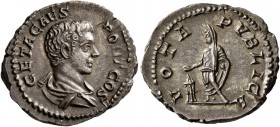 Geta, as Caesar, 198-209. Denarius (Silver, 20 mm, 3.42 g, 7 h), Rome, 205. GETA CAES PONT COS Bare-headed and draped bust of Geta to right, seen from...