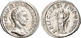 Macrinus, 217-218. Denarius (Silver, 19 mm, 3.07 g, 1 h), Rome, spring-summer 217. IMP C M OPEL SEV MACRINVS AVG Laureate and cuirassed bust of Macrin...
