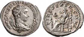 Elagabalus, 218-222. Antoninianus (Silver, 24 mm, 5.34 g, 7 h), Rome. IMP CAES M AVR ANTONINVS AVG Radiate and draped bust of Elagabalus to right, see...