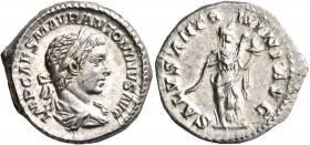 Elagabalus, 218-222. Denarius (Silver, 18 mm, 3.83 g, 11 h), Rome. IMP CAES M AVR ANTONINVS AVG Laureate and draped bust of Elagabalus to right, seen ...