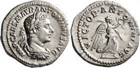 Elagabalus, 218-222. Denarius (Silver, 19 mm, 3.72 g, 7 h), Rome. IMP CAES M AVR ANTONINVS AVG Laureate, draped and cuirassed bust of Elagabalus to ri...