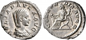 Julia Paula, Augusta, 219-220. Denarius (Silver, 19 mm, 3.39 g, 5 h), Rome. IVLIA PAVLA AVG Draped bust of Julia Paula to right. Rev. CONCORDIA AVGG C...