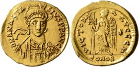Anastasius I, 491-518. Solidus (Gold, 20 mm, 4.40 g, 6 h), Constantinopolis, 491-498. D N ANASTASIVS P P AVG Pearl-diademed, helmeted and cuirassed bu...