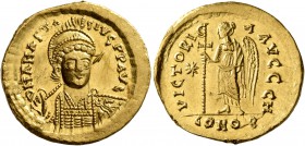 Anastasius I, 491-518. Solidus (Gold, 21 mm, 4.45 g, 6 h), Constantinopolis, 498-518. D N ANASTASIVS P P AVG Pearl-diademed, helmeted and cuirassed bu...