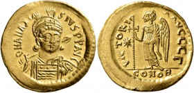 Anastasius I, 491-518. Solidus (Gold, 21 mm, 4.50 g, 6 h), Constantinopolis, 498-518. D N ANASTASIVS P P AVG Pearl-diademed, helmeted and cuirassed bu...