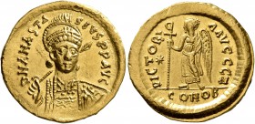 Anastasius I, 491-518. Solidus (Gold, 21 mm, 4.49 g, 7 h), Constantinopolis, 498-518. D N ANASTASIVS P P AVG Pearl-diademed, helmeted and cuirassed bu...