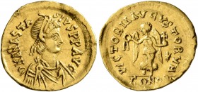 Anastasius I, 491-518. Tremissis (Gold, 15 mm, 1.42 g, 7 h), Constantinopolis. D N ANASTASIVS P P AVG Pearl-diademed, draped and cuirassed bust of Ana...