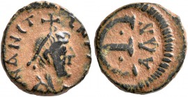 Justin I, 518-527. Pentanummium (Bronze, 12 mm, 2.16 g, 10 h), Antiochia. [...]NANIT SN[...] (sic!) Diademed, draped, and cuirassed bust of Justinian ...