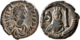 Justin I, 518-527. Pentanummium (Bronze, 13 mm, 1.56 g, 3 h), Antiochia. D N IVSTINVS P P AVG Diademed, draped and cuirassed bust of Justin I to right...