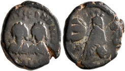 Justin I & Justinian I, 527. Pentanummium (Bronze, 13 mm, 1.90 g, 6 h), Antiochia. +D N D N IVSTINV[S ЄT IVSTINIA]NVS Diademed, draped, and cuirassed ...