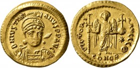 Justinian I, 527-565. Solidus (Gold, 21 mm, 4.48 g, 6 h), Constantinopolis, 527-538. D N IVSTINIANVS P P AVG Helmeted, diademed and cuirassed bust of ...
