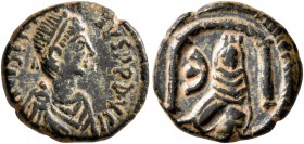 Justinian I, 527-565. Pentanummium (Bronze, 13 mm, 2.12 g, 12 h), Theoupolis (Antiochia). D N IVSTINIANVS P P AVG Diademed, draped, and cuirassed bust...