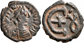 Justinian I, 527-565. Pentanummium (Bronze, 16 mm, 1.74 g, 1 h), Theoupolis (Antiochia), circa 546-551. D N IVSTINIANVS P P AVG Diademed, draped, and ...